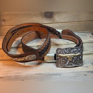 Qty 2  Leather Western Belts with  1 removable Silver Buckle 301/2 “ & 31” L
